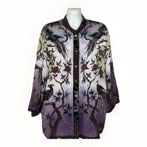 Citron Santa Monica 100% Silk Cardigan Purple Peacock Asian Boho Size XL